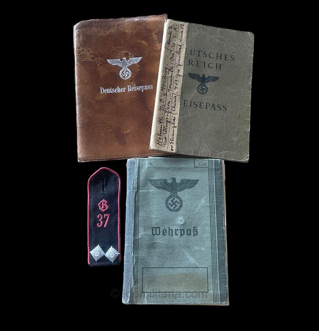 Kriegsfreiwilge HJ Gebietstab 37 ''Danzig-Westpreußen'' Wehrpass, Travel pass + cover - Citations to a Shanghai visit!