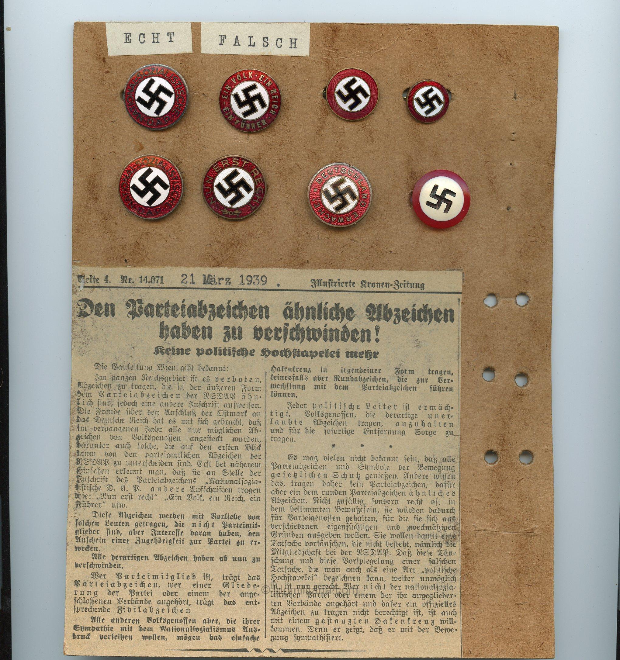 Unique NSDAP membership/slogan badge sample board + Newspaper article