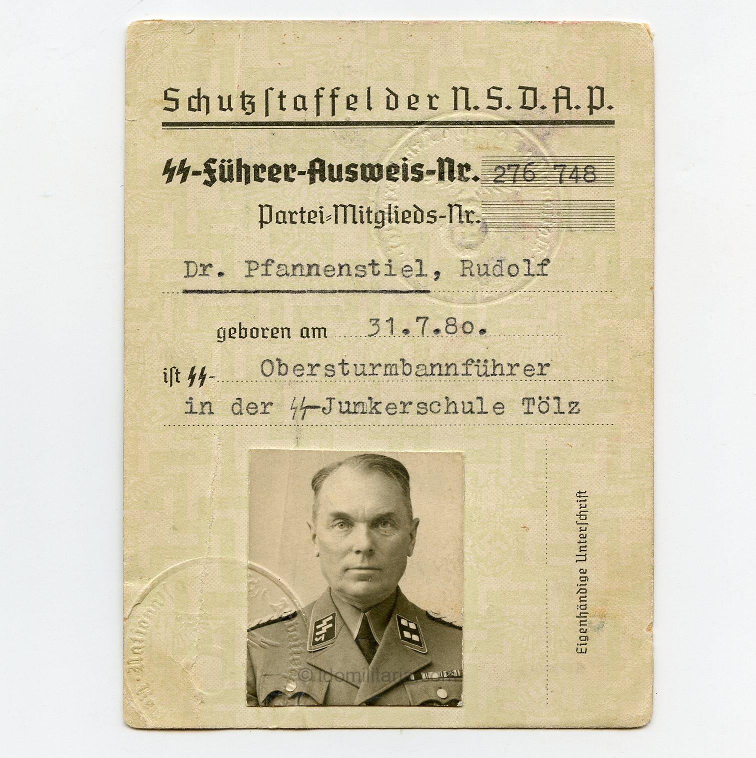 SS ausweis der NSDAP to Rudolf Pfannenstiel Obersturmbannführer in der SS-Junckerschule Tölz
