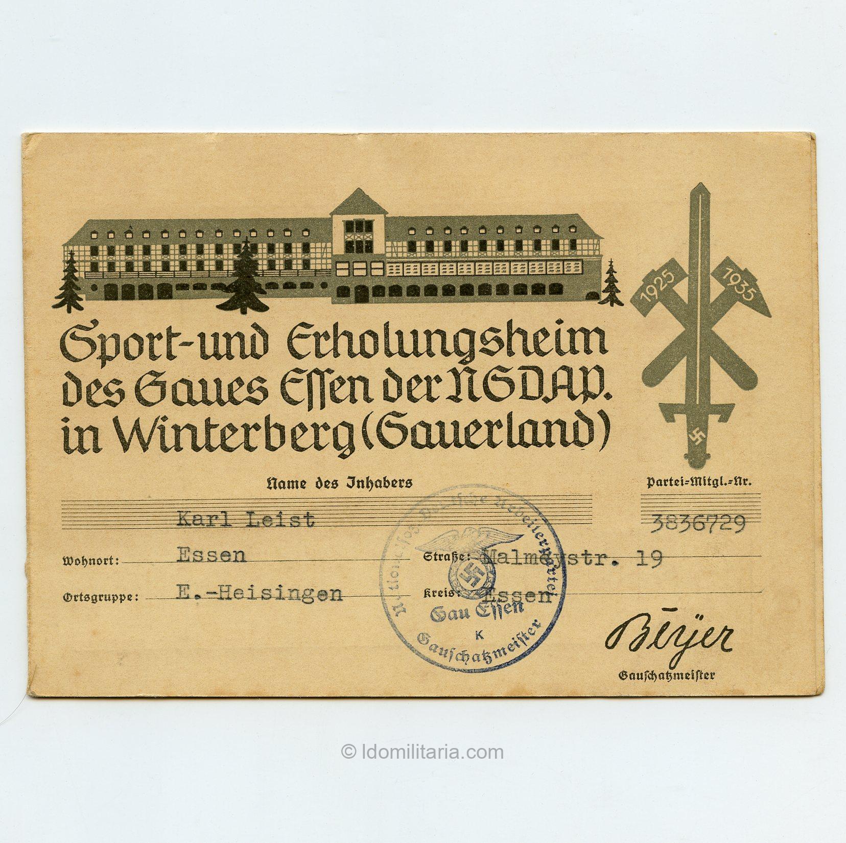 Rare Sport und Erholungsheim Des Gaues Essen der NSDAP in Winterberg (Sauerland) ID Card
