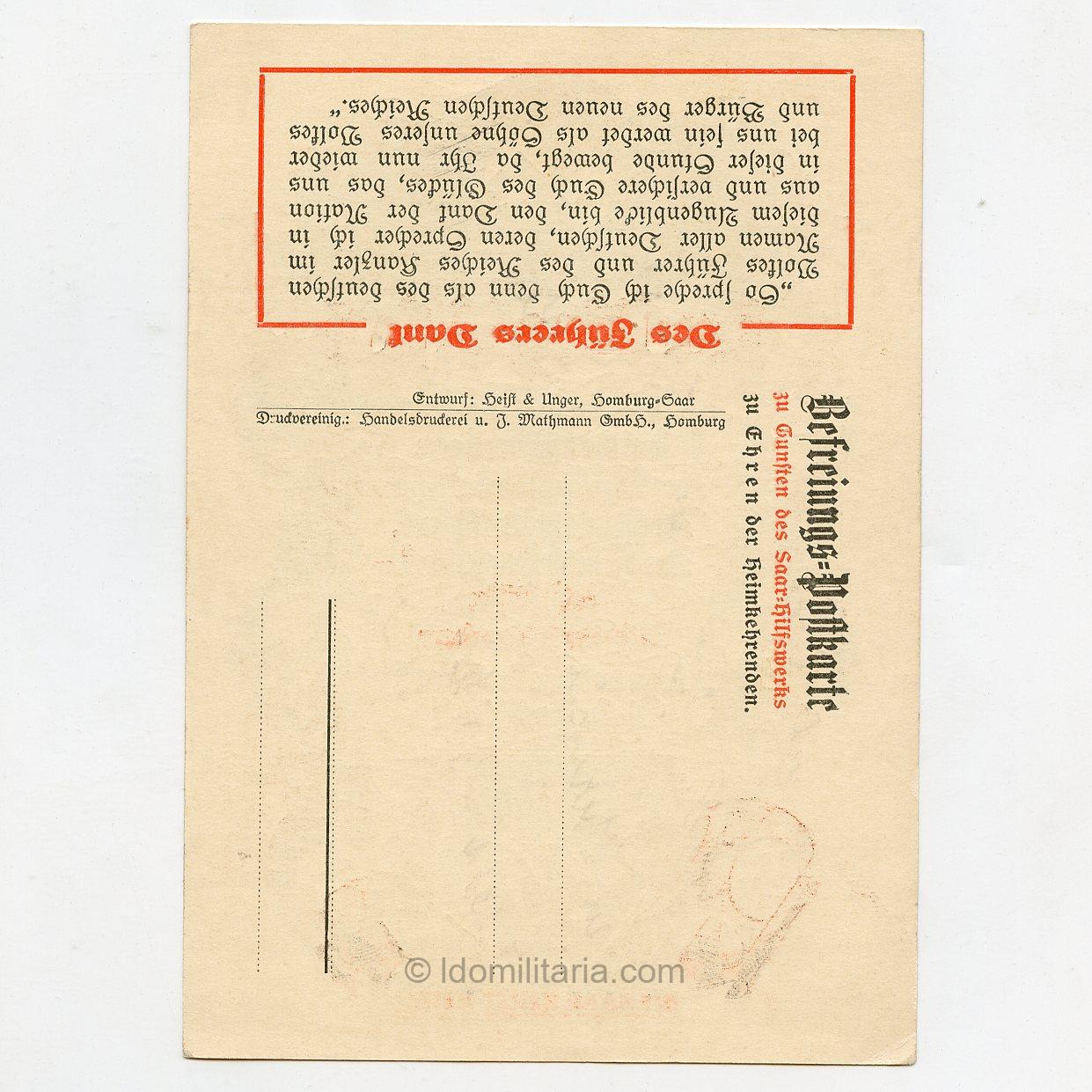 1935 Saar Plebiscite Propaganda Postcard – “Die Saar kehrt heim” - Image 2