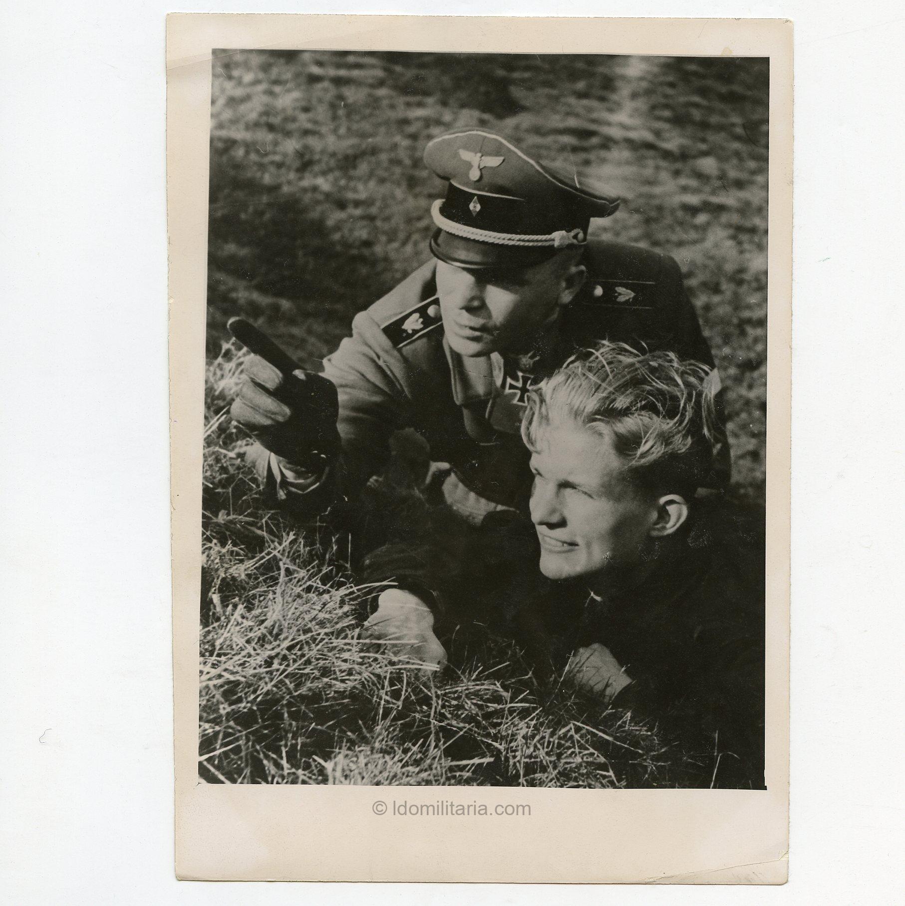 Original WWII German Press Photograph – Hitler Youth Observing Atlantic Wall Defenses With Knightcross and oakleaves holder Gert Hein